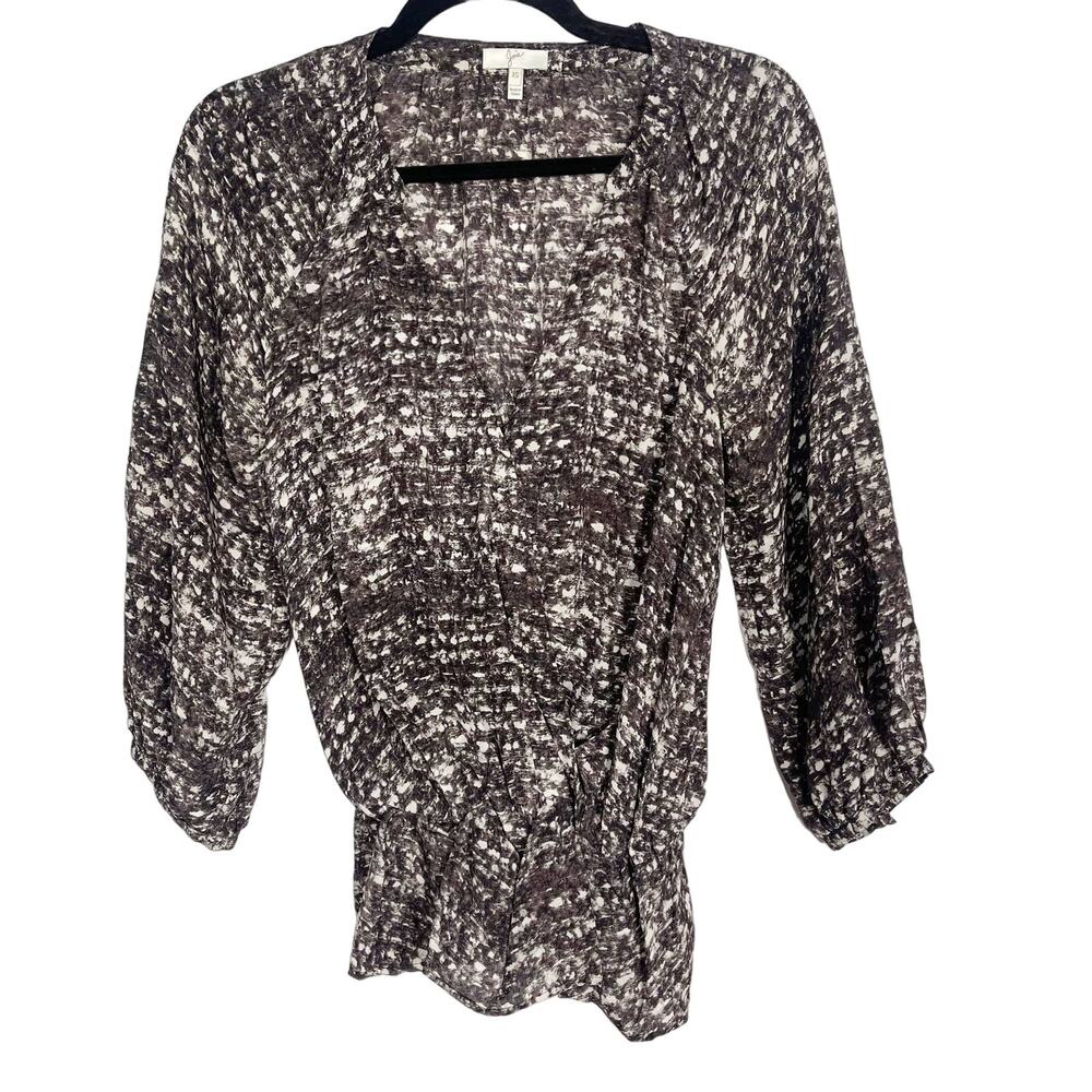 Joie XSmall Black Gray Print Silk Cinched Waist 3/4 Sleeve Top VNeck Faux Wrap